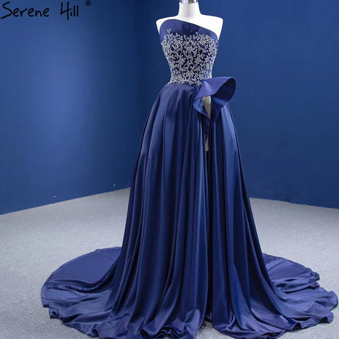 Navy Blue A-Line High Split vening Dresses Gowns 2025 Beaded Satin Sexy For Women Party HM67374