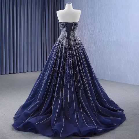 Navy Blue High End Sexy Strapless Crystal Beaded Luxury Pearls Lace Up Bride Gowns Wedding Dress Custom Made HM23102