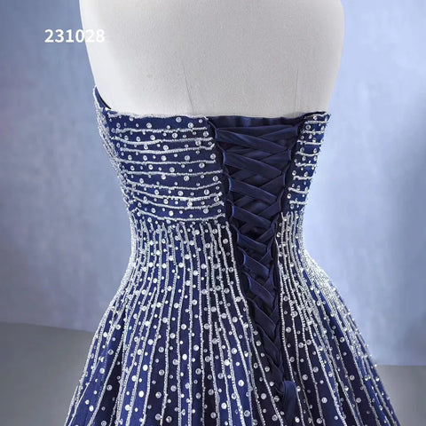 Navy Blue High End Sexy Strapless Crystal Beaded Luxury Pearls Lace Up Bride Gowns Wedding Dress Custom Made HM23102
