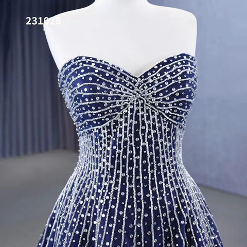 Navy Blue High End Sexy Strapless Crystal Beaded Luxury Pearls Lace Up Bride Gowns Wedding Dress Custom Made HM23102