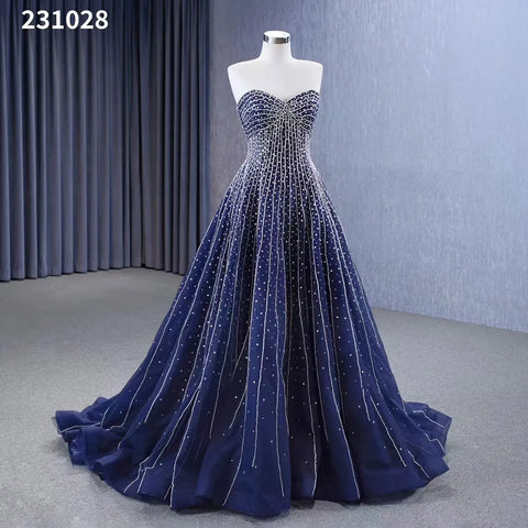 Navy Blue High End Sexy Strapless Crystal Beaded Luxury Pearls Lace Up Bride Gowns Wedding Dress Custom Made HM23102