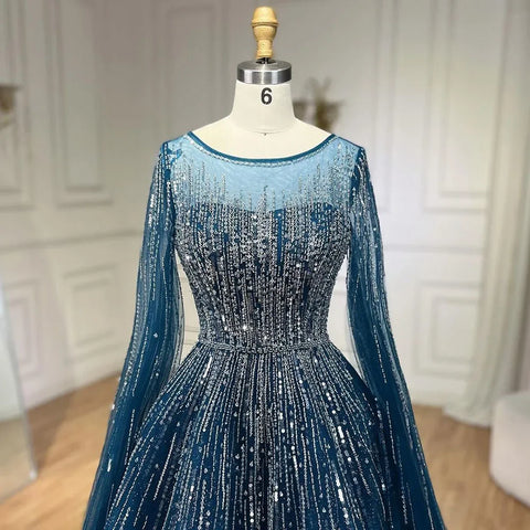 Navy Blue Luxury Evening Dresses with Cape Sleeves A-Line Beaded Gown For Women's Wedding Party 2025 LA72248A