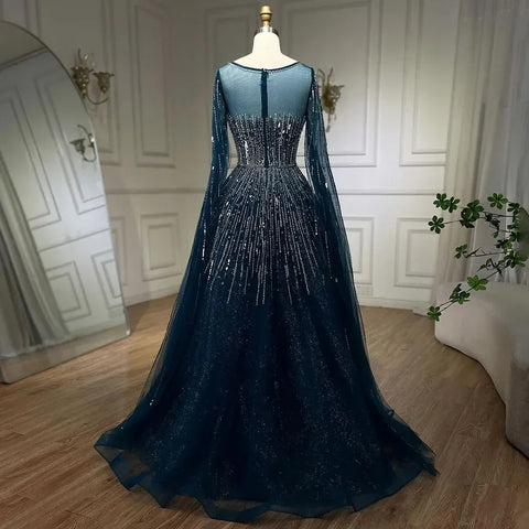 Navy Blue Luxury Evening Dresses with Cape Sleeves A-Line Beaded Gown For Women's Wedding Party 2025 LA72248A