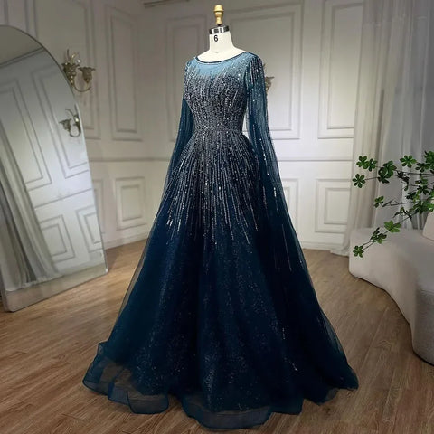 Navy Blue Luxury Evening Dresses with Cape Sleeves A-Line Beaded Gown For Women's Wedding Party 2025 LA72248A
