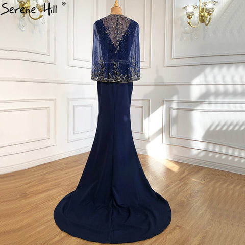 Navy Blue Mermaid Elegant Evening Dresses Gowns 2025 Satin Beading Shawl Yarn Sexy For Women Party LA70884