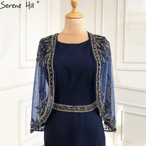 Navy Blue Mermaid Elegant Evening Dresses Gowns 2025 Satin Beading Shawl Yarn Sexy For Women Party LA70884