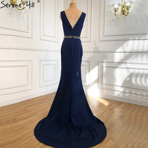 Navy Blue Mermaid Elegant Evening Dresses Gowns 2025 Satin Beading Shawl Yarn Sexy For Women Party LA70884