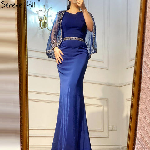 Navy Blue Mermaid Elegant Evening Dresses Gowns 2025 Satin Beading Shawl Yarn Sexy For Women Party LA70884