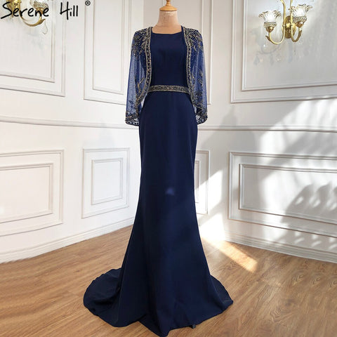 Navy Blue Mermaid Elegant Evening Dresses Gowns 2025 Satin Beading Shawl Yarn Sexy For Women Party LA70884