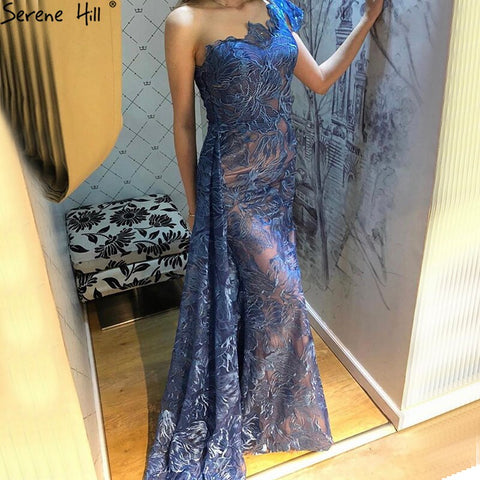 Vestido de noche estilo sirena azul marino estilo Dubái, un hombro, sexy, con flores, diseño formal LA70753 