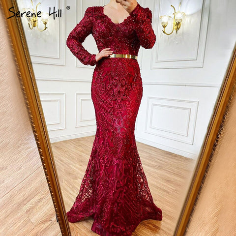 Vestido de noche musulmán de lujo con encaje de sirena azul marino y cuentas, para mujer, LA71075 