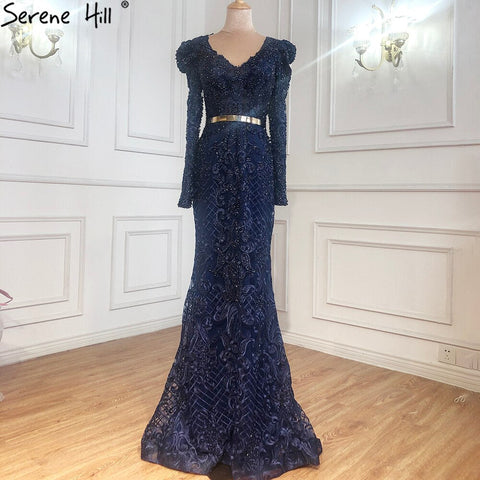 Vestido de noche musulmán de lujo con encaje de sirena azul marino y cuentas, para mujer, LA71075 