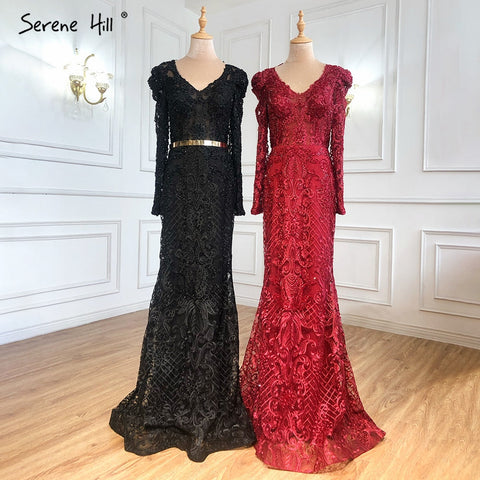 Vestido de noche musulmán de lujo con encaje de sirena azul marino y cuentas, para mujer, LA71075 