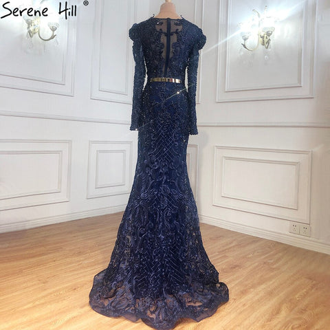 Vestido de noche musulmán de lujo con encaje de sirena azul marino y cuentas, para mujer, LA71075 