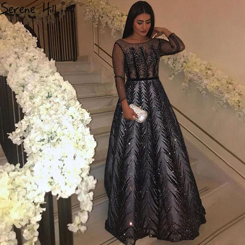 Navy Blue Muslim Velvet Evening Dresses Gowns 2025 Beaded Luxury A-Line For Woman Party LA71078