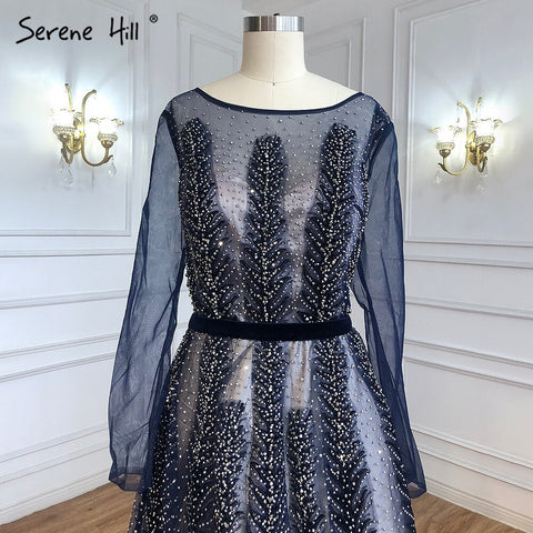 Navy Blue Muslim Velvet Evening Dresses Gowns 2025 Beaded Luxury A-Line For Woman Party LA71078