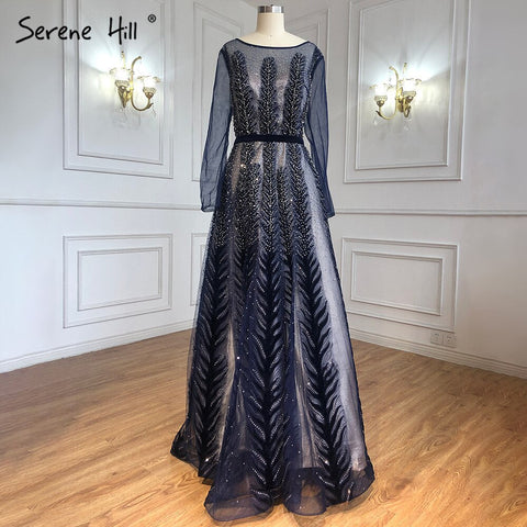 Navy Blue Muslim Velvet Evening Dresses Gowns 2025 Beaded Luxury A-Line For Woman Party LA71078