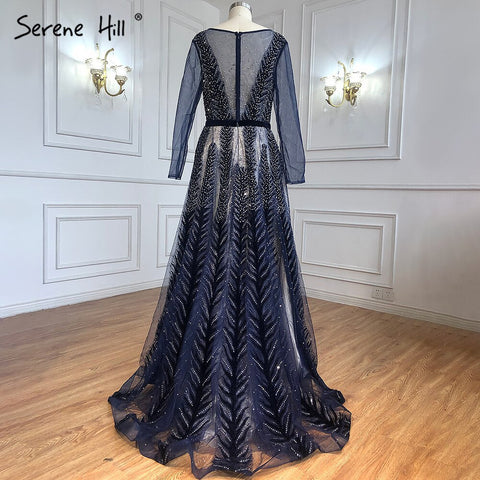 Navy Blue Muslim Velvet Evening Dresses Gowns 2025 Beaded Luxury A-Line For Woman Party LA71078