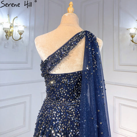 Navy Blue One Shouler Cape Sleeve Evening Dresses Gowns 2025 A-Line Beaded Luxury For Woman Party LA71432