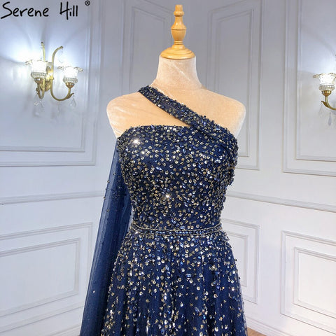 Navy Blue One Shouler Cape Sleeve Evening Dresses Gowns 2025 A-Line Beaded Luxury For Woman Party LA71432
