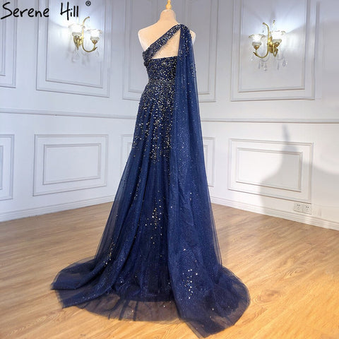 Navy Blue One Shouler Cape Sleeve Evening Dresses Gowns 2025 A-Line Beaded Luxury For Woman Party LA71432
