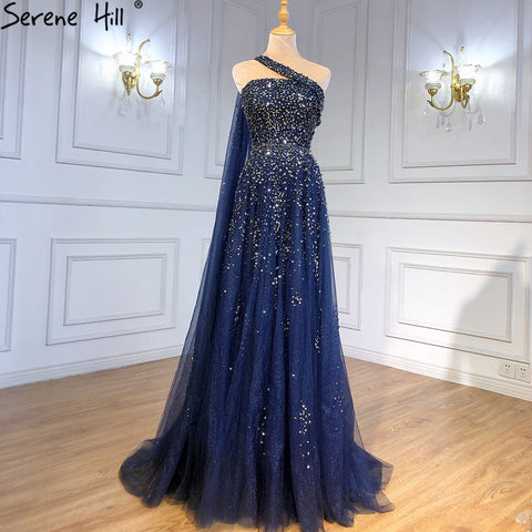 Navy Blue One Shouler Cape Sleeve Evening Dresses Gowns 2025 A-Line Beaded Luxury For Woman Party LA71432