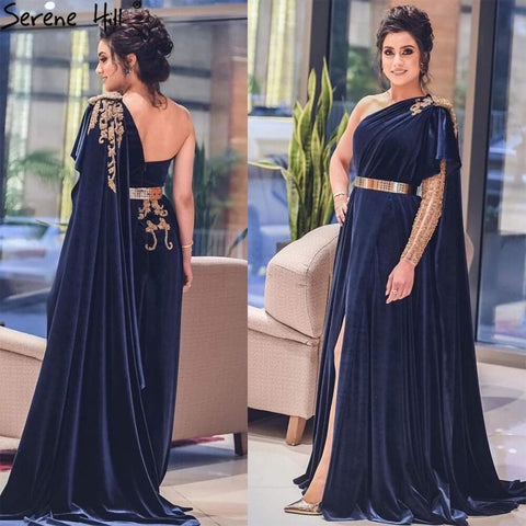 Navy Blue Velvet Split Sexy Evening Dresses Gowns 2025 Beaded One Shoulder For Woman Party LA71184
