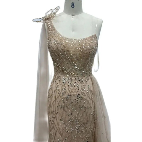 Nude Arabic Evening Dress Side Train One Shoulder Mermaid for Women's Formal Prom Wedding Party Gowns 2025 LA72442