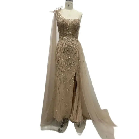 Nude Arabic Evening Dress Side Train One Shoulder Mermaid for Women's Formal Prom Wedding Party Gowns 2025 LA72442