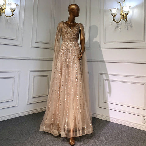 Luxury Nude Dubai Evening Dress with Cape Sleeves LA71567
