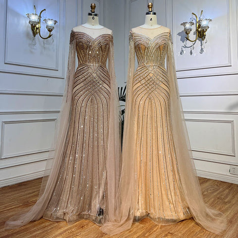 Nude Arabic Mermaid Cape Sleeves O-neck Beaded Evening Dresses Luxury Gowns 2025 For Women Wedding Party LA72012