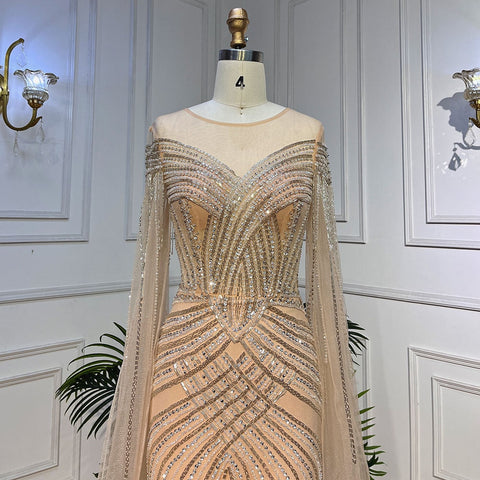 Nude Arabic Mermaid Cape Sleeves O-neck Beaded Evening Dresses Luxury Gowns 2025 For Women Wedding Party LA72012