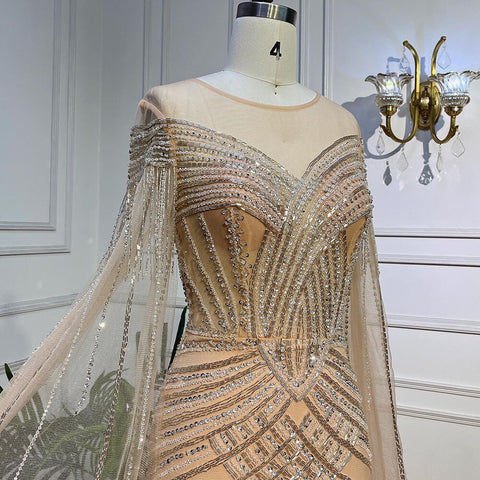 Nude Arabic Mermaid Cape Sleeves O-neck Beaded Evening Dresses Luxury Gowns 2025 For Women Wedding Party LA72012