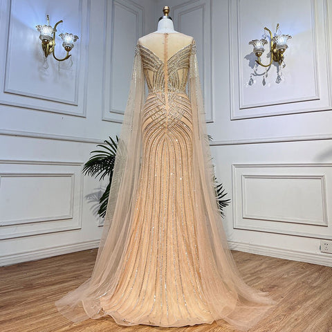 Nude Arabic Mermaid Cape Sleeves O-neck Beaded Evening Dresses Luxury Gowns 2025 For Women Wedding Party LA72012