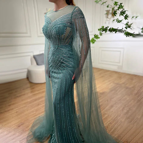 Nude Arabic Mermaid Cape Sleeves O-neck Beaded Evening Dresses Luxury Gowns 2025 For Women Wedding Party LA72012