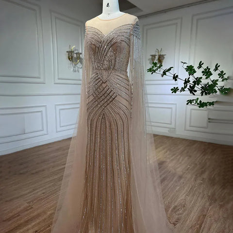Nude Arabic Mermaid Cape Sleeves O-neck Beaded Evening Dresses Luxury Gowns 2025 For Women Wedding Party LA72012
