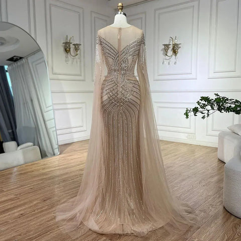 Nude Arabic Mermaid Cape Sleeves O-neck Beaded Evening Dresses Luxury Gowns 2025 For Women Wedding Party LA72012