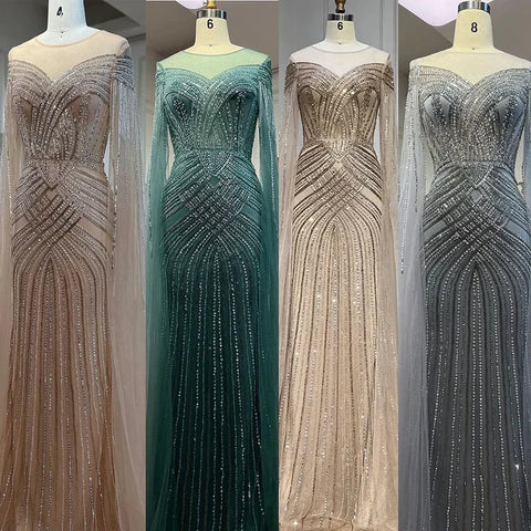 Nude Arabic Mermaid Cape Sleeves O-neck Beaded Evening Dresses Luxury Gowns 2025 For Women Wedding Party LA72012