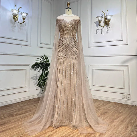 Nude Arabic Mermaid Cape Sleeves O-neck Beaded Evening Dresses Luxury Gowns 2025 For Women Wedding Party LA72012