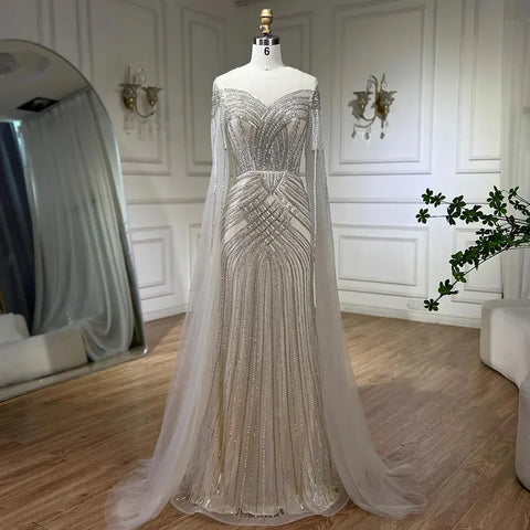 Nude Arabic Mermaid Cape Sleeves O-neck Beaded Evening Dresses Luxury Gowns 2025 For Women Wedding Party LA72012