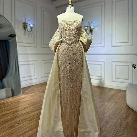 Nude Beaded Mermaid Evening Gown Off Shoulder Shawl Crystal Detailing for Formal Occasion  2025 LA72819