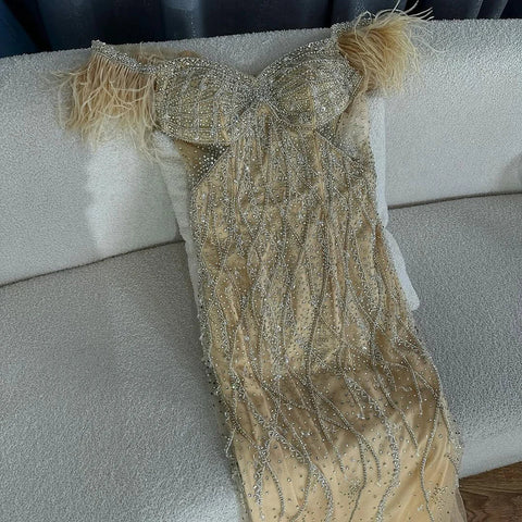 Nude Beaded Mermaid Evening Gown with Feathered Detail for Formal Occasion  2025 LA72818