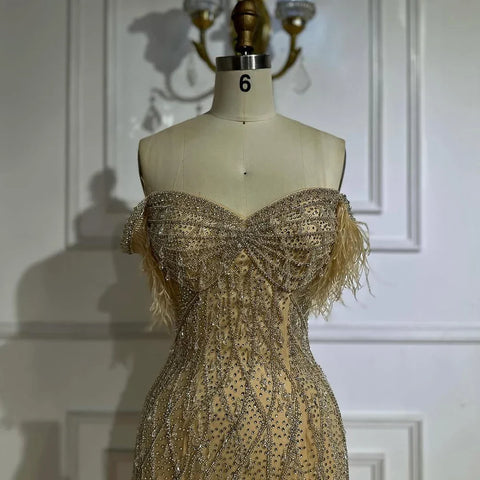 Nude Beaded Mermaid Evening Gown with Feathered Detail for Formal Occasion  2025 LA72818