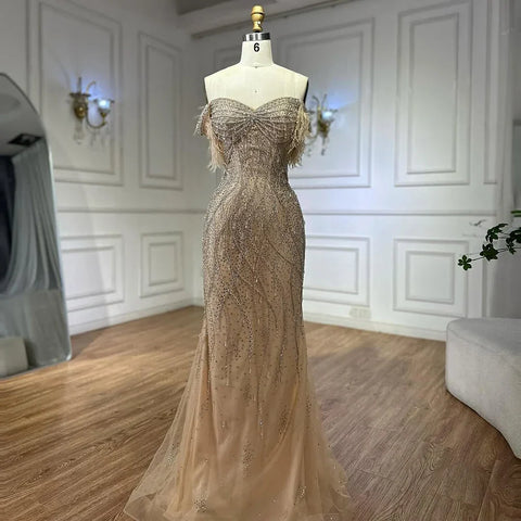 Nude Beaded Mermaid Evening Gown with Feathered Detail for Formal Occasion  2025 LA72818