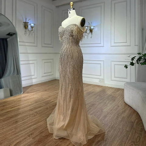 Nude Beaded Mermaid Evening Gown with Feathered Detail for Formal Occasion  2025 LA72818