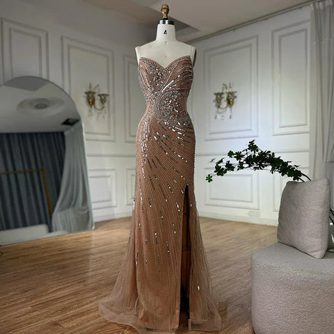 Vestido de noche de sirena con cuentas color piel y abertura alta para ocasiones formales LA72904 2025