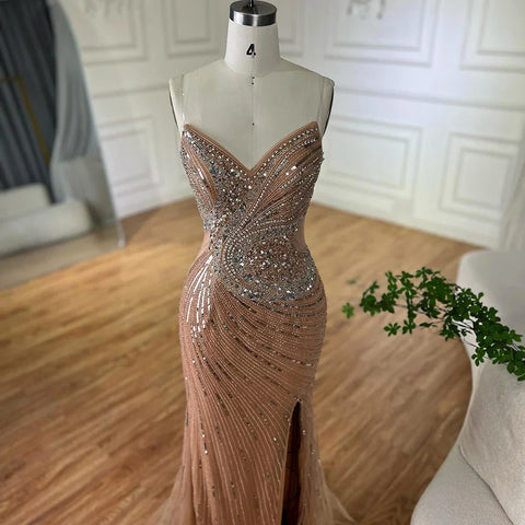 Vestido de noche de sirena con cuentas color piel y abertura alta para ocasiones formales LA72904 2025