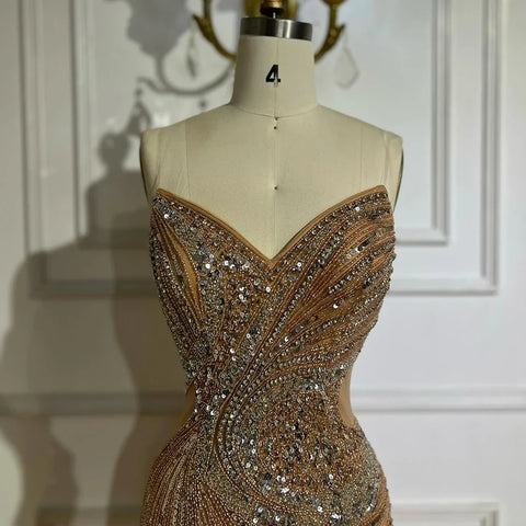 Vestido de noche de sirena con cuentas color piel y abertura alta para ocasiones formales LA72904 2025