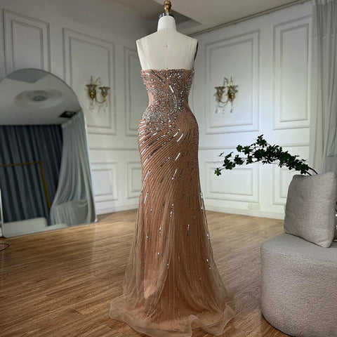 Vestido de noche de sirena con cuentas color piel y abertura alta para ocasiones formales LA72904 2025