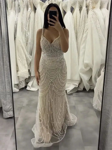 Nude Beaded Saudi Arabic Evening Gown with Spaghetti Straps for Formal Occasion LA72253A 2025